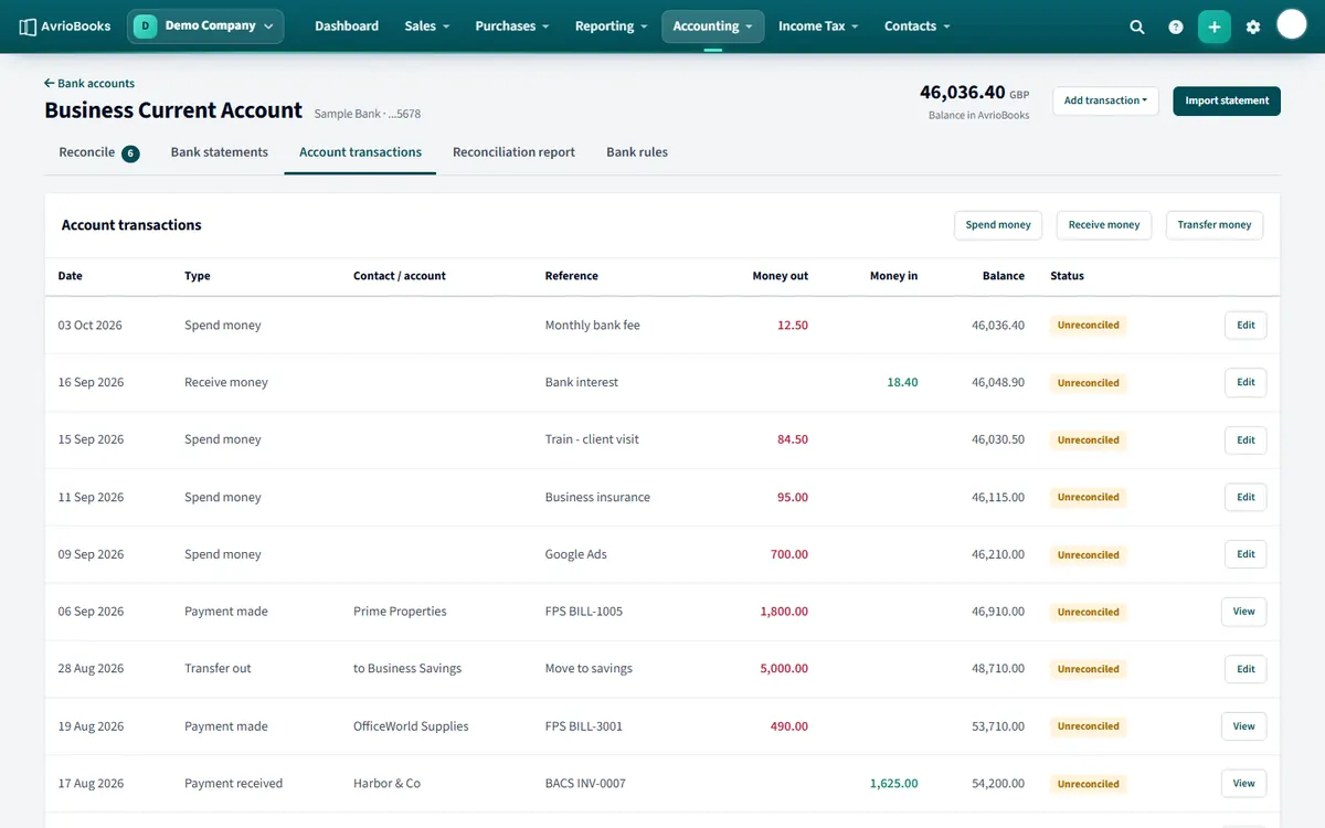 The Account transactions tab, with Spend money, Receive money and Transfer money buttons.