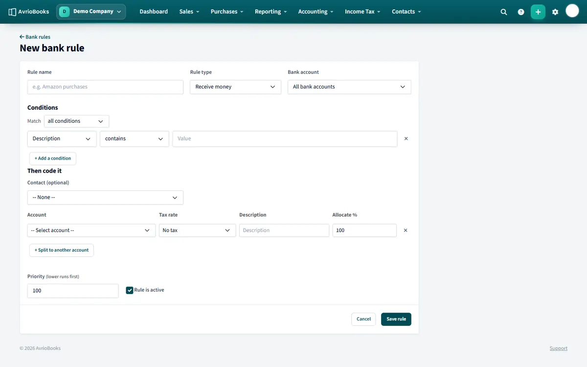 The bank rule form: name, rule type, conditions and how to code the transaction.