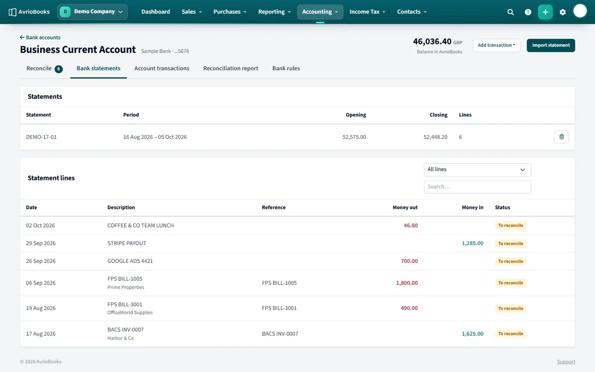 The Bank statements tab: imported statements above, and every statement line below.