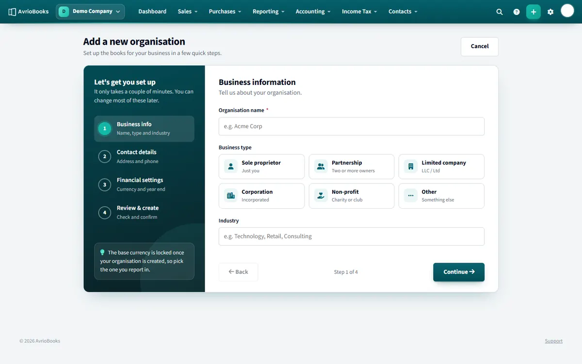The business setup wizard. It starts with your organisation name and business type.