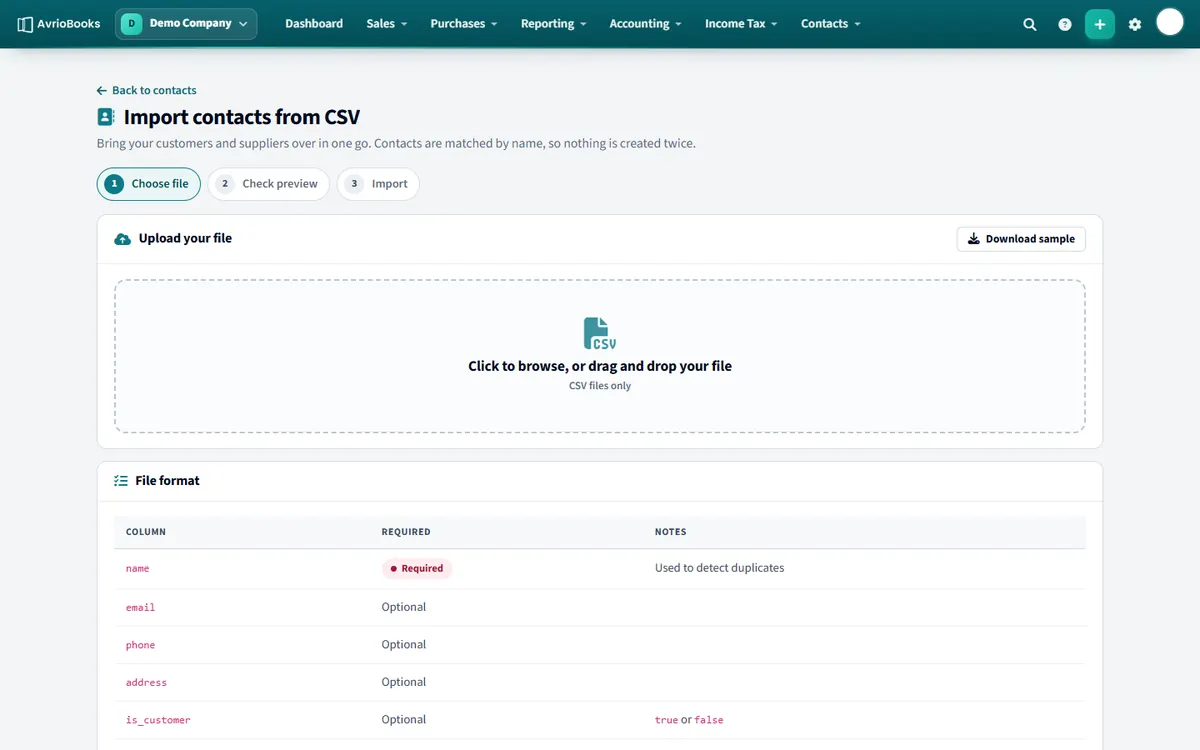 The contact import page, with a sample file to download and a file format guide.