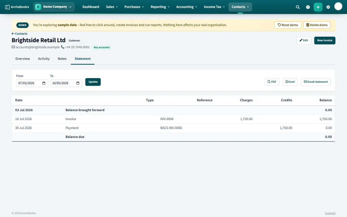 The Statement tab, where you can email or download a statement.