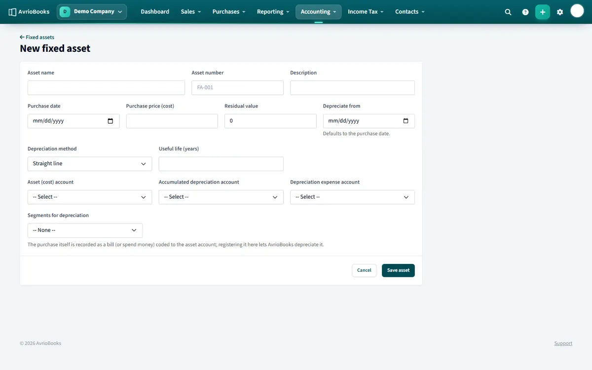 Registering a fixed asset, including the depreciation method and accounts.