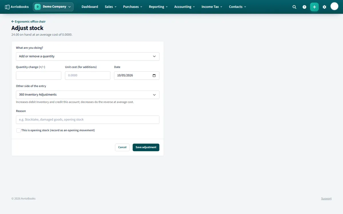 Adjusting stock: add or remove a quantity, or set the quantity from a stocktake.