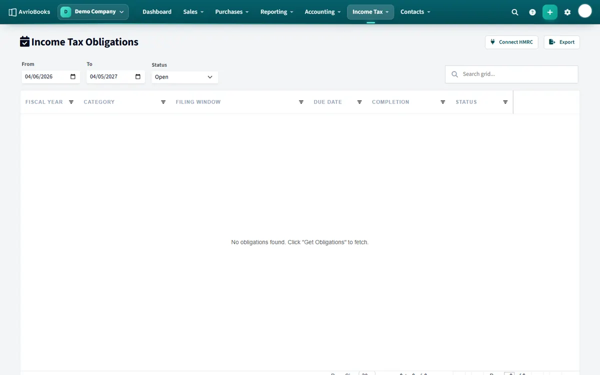 The Income Tax obligations page, where you connect to HMRC.