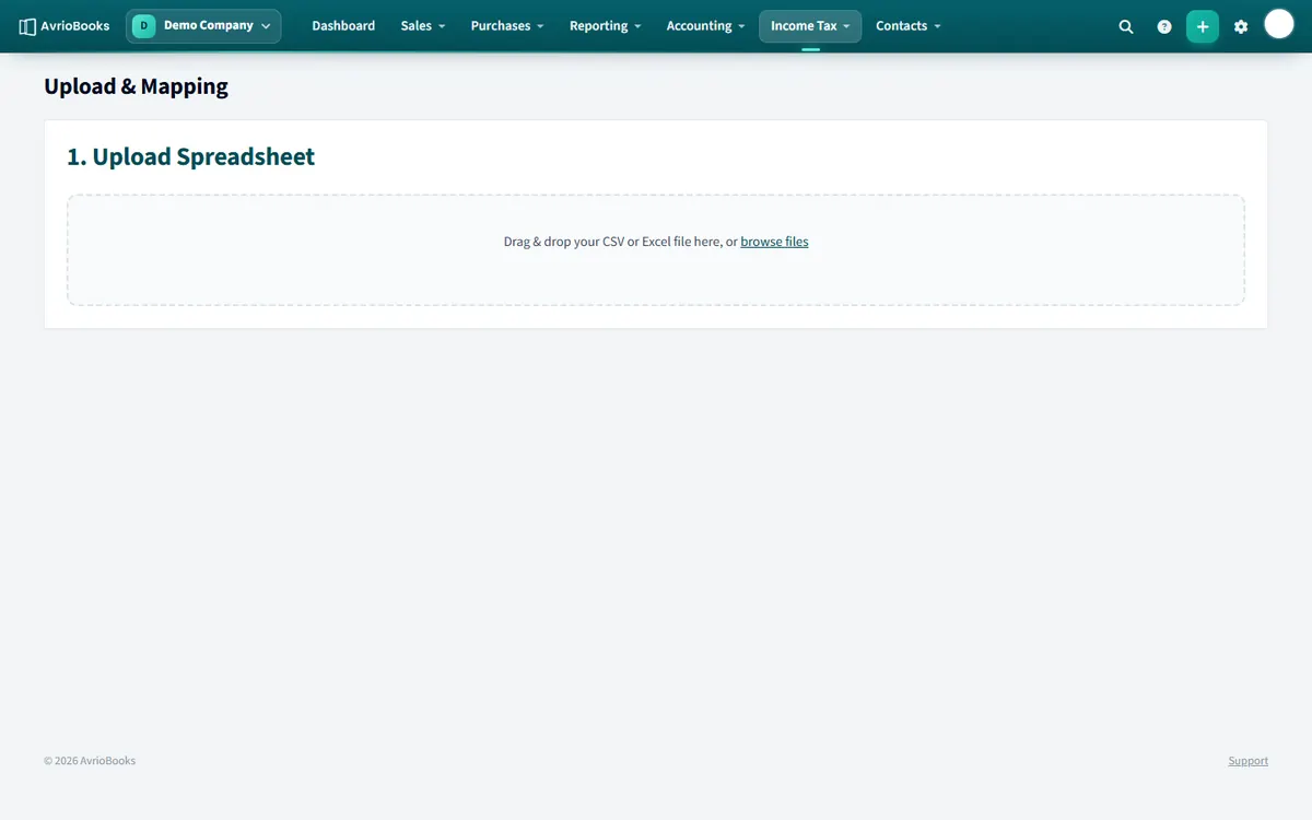 Upload and mapping: upload a spreadsheet, map its columns, then review and submit.