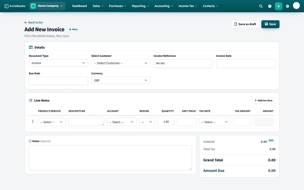 A new invoice: details at the top, then line items with account, quantity, price and tax rate.