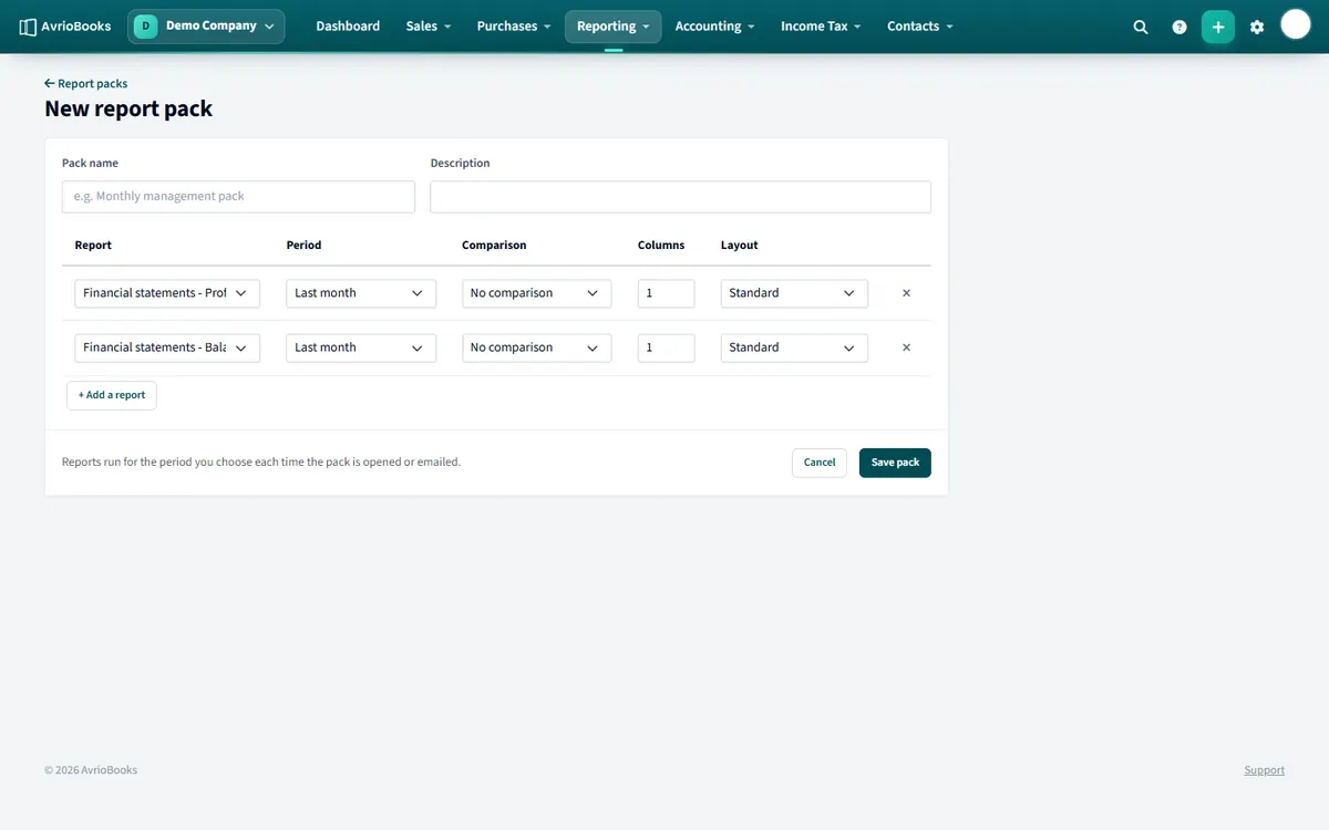 Creating a report pack: add each report with its period, comparison and layout.