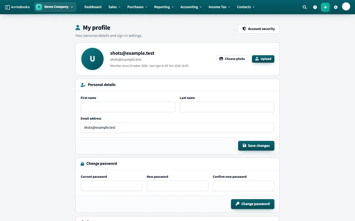 Your profile: personal details, change password and the Danger zone.