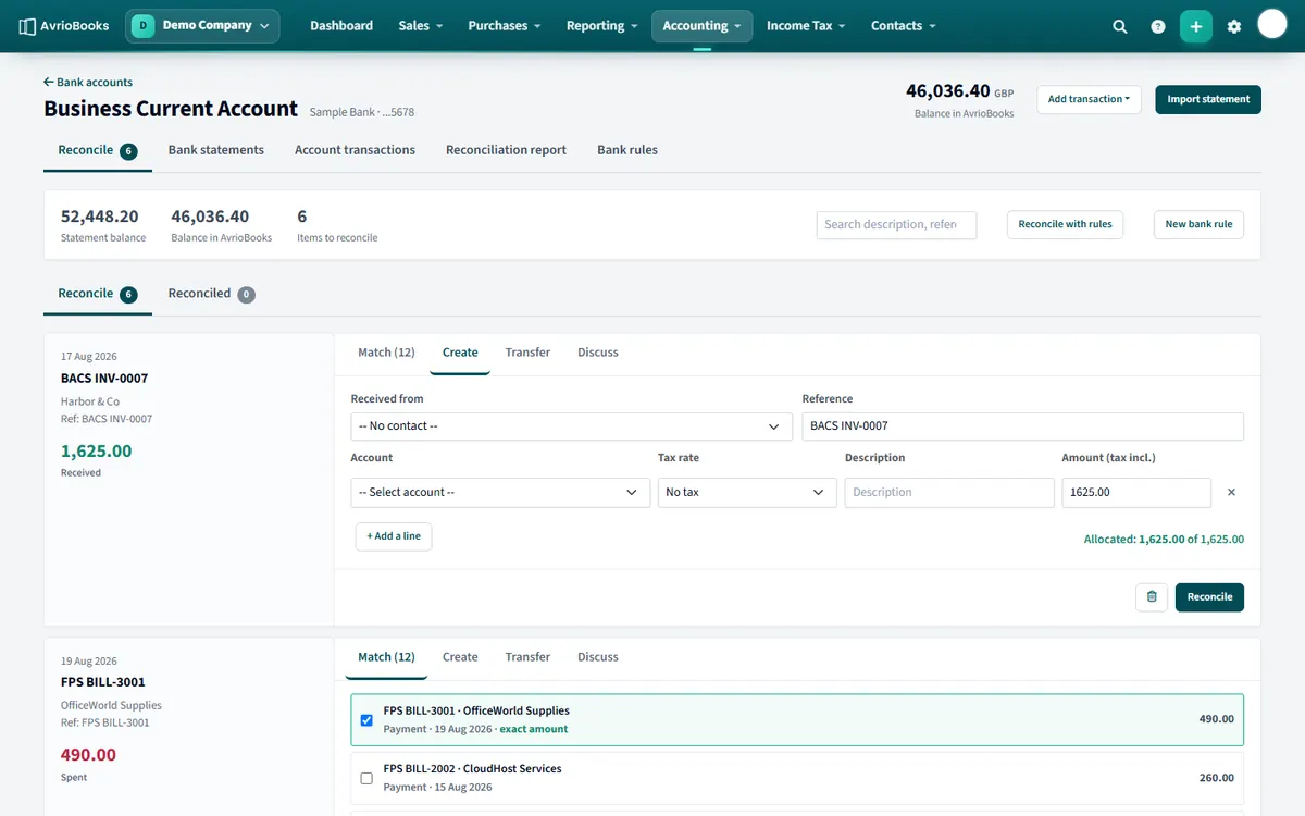 The Create tab, for lines that have no matching invoice, bill or transaction yet.