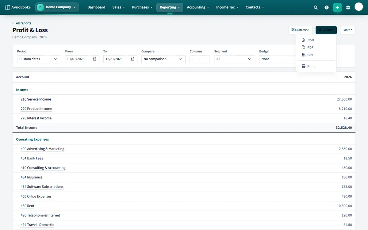 The Export menu on a report, offering PDF, Excel and CSV.