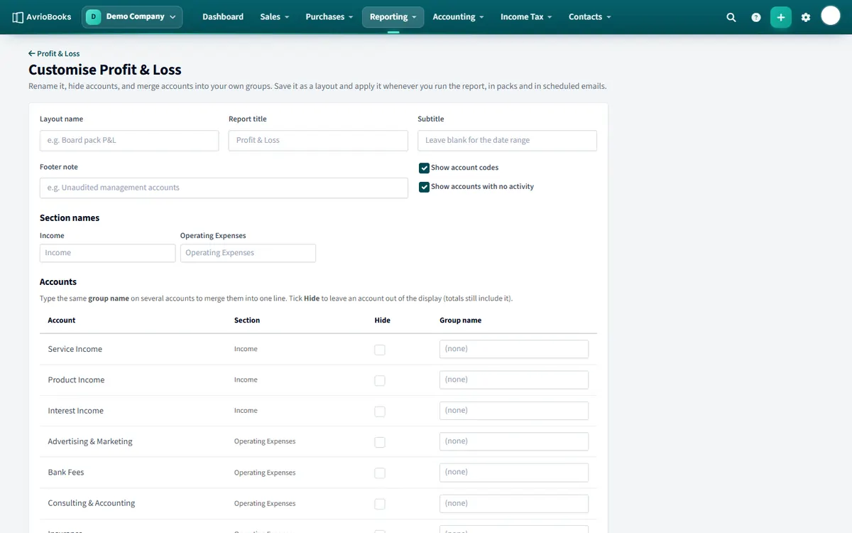 Customising a report: rename lines, hide accounts and save a layout.