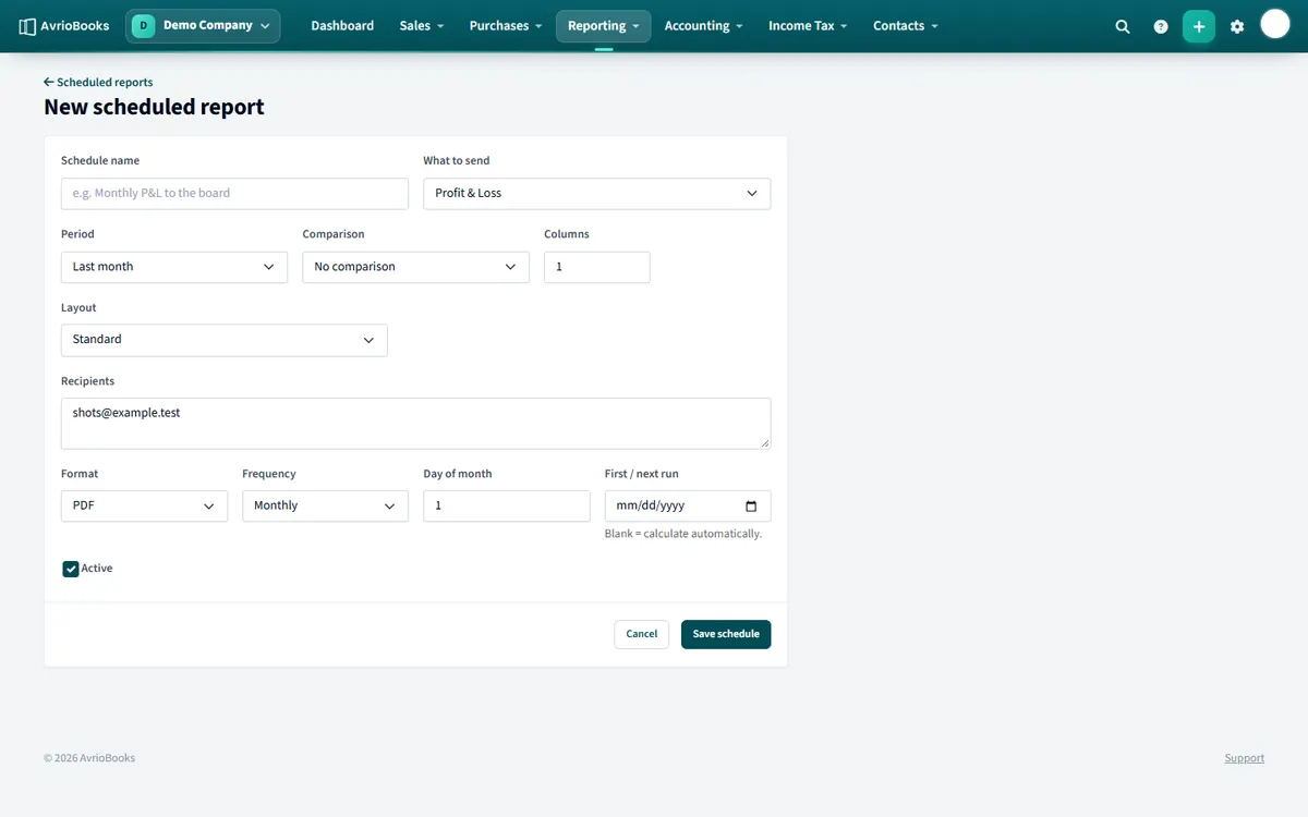 The scheduled report form: what to send, recipients, format and frequency.