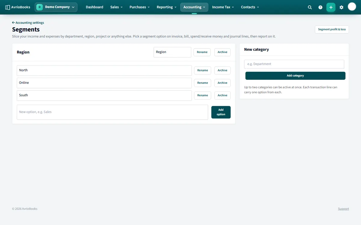 The Segments page, where you create categories and the options inside them.