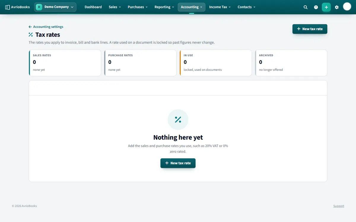 The Tax rates page, with a New tax rate button and summary cards.