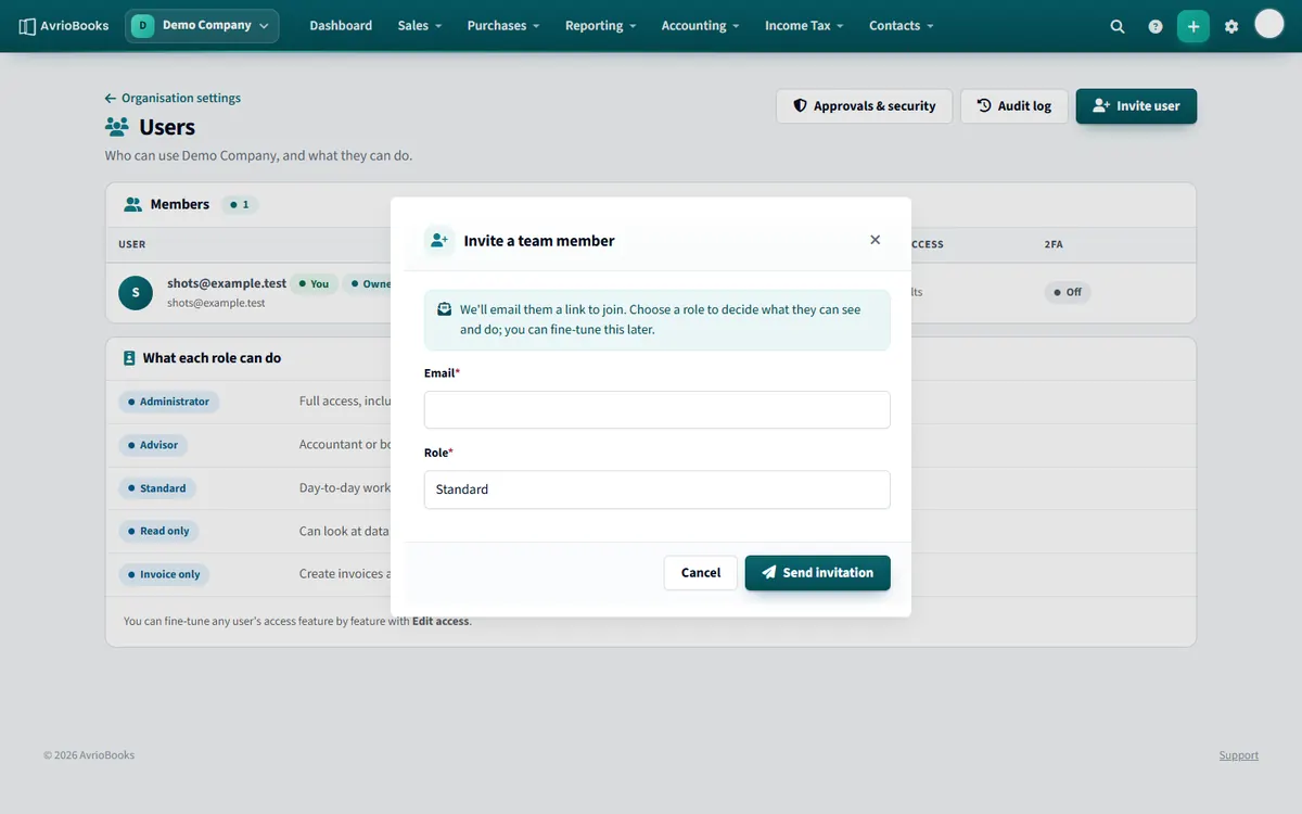The invite window: choose an email address and a role.