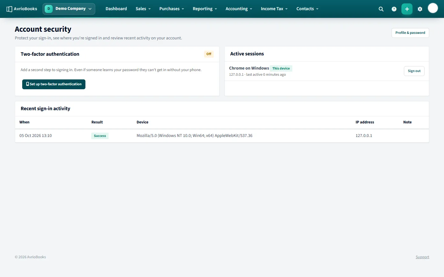 Account security: two-factor status, active sessions and recent sign-in activity.