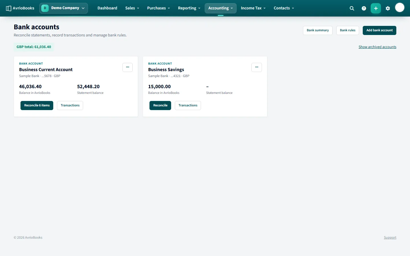 The Bank accounts page, with an Add bank account button and a card for each account.