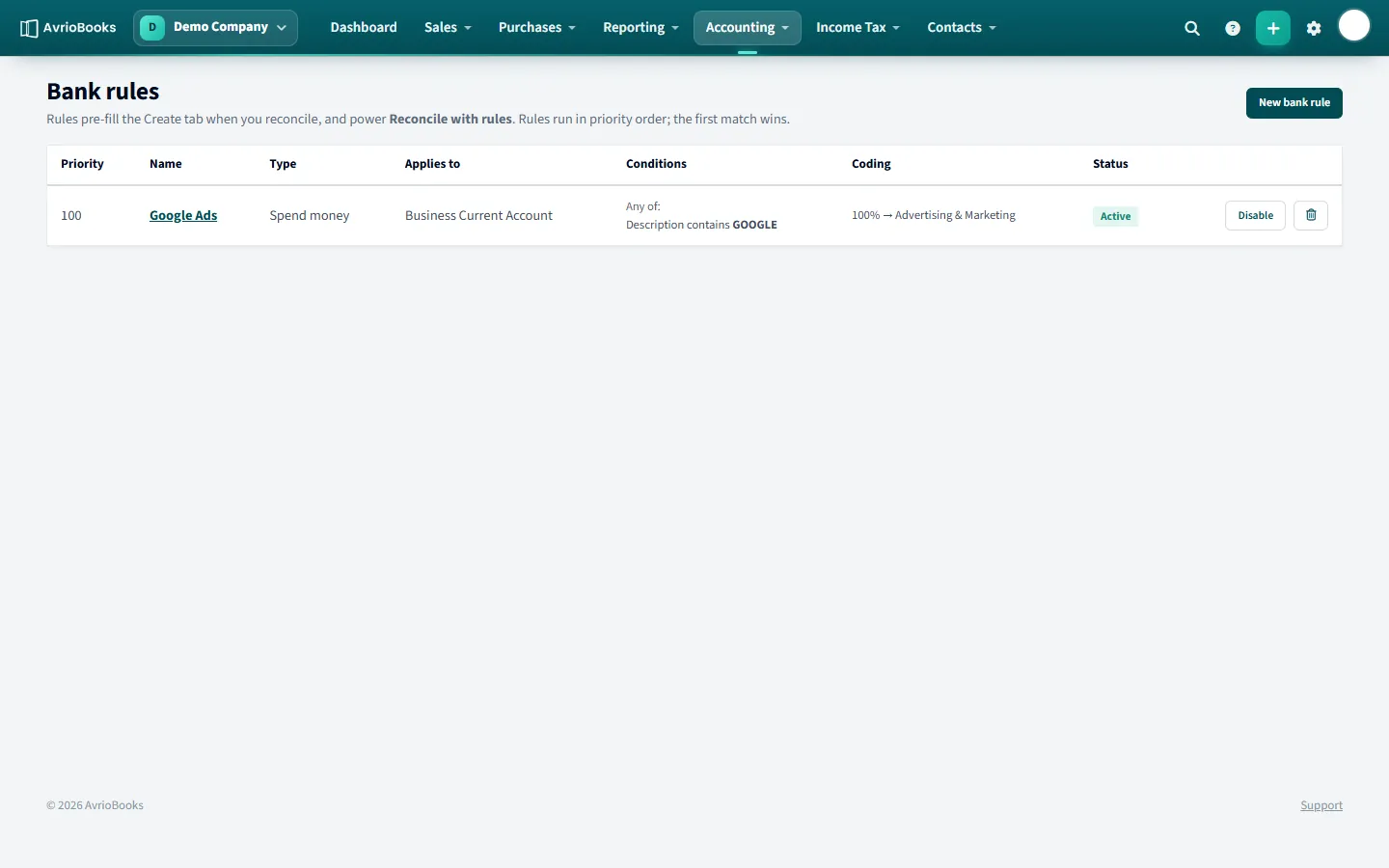 The Bank rules list, showing each rule’s priority, type, conditions and status.