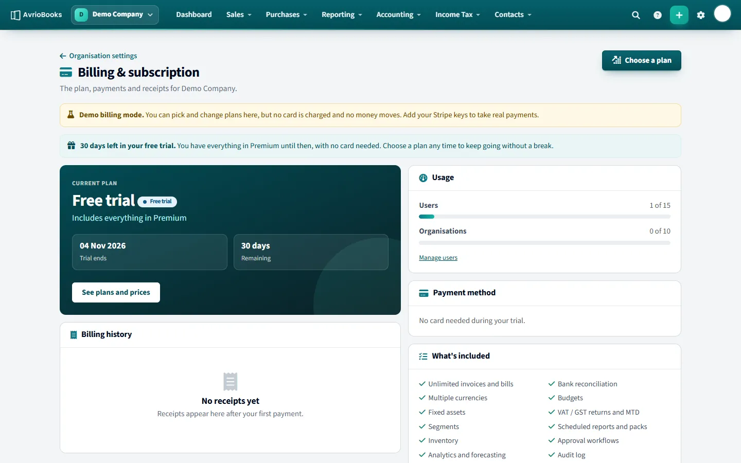 Billing & subscription: your plan, usage, payment method and billing history.