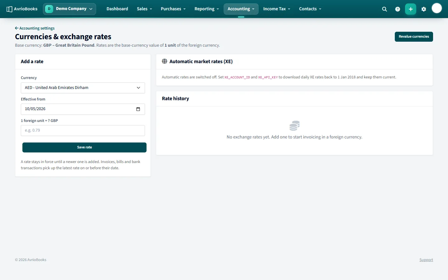 Currencies & exchange rates, with an Add a rate panel and a Revalue currencies button.