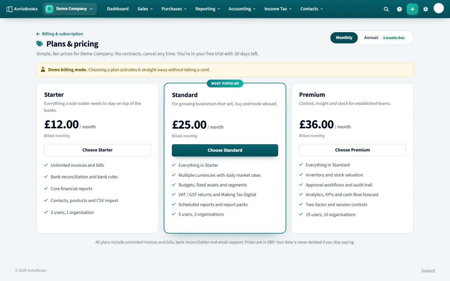 Plans & pricing, with a Monthly or Annual switch.