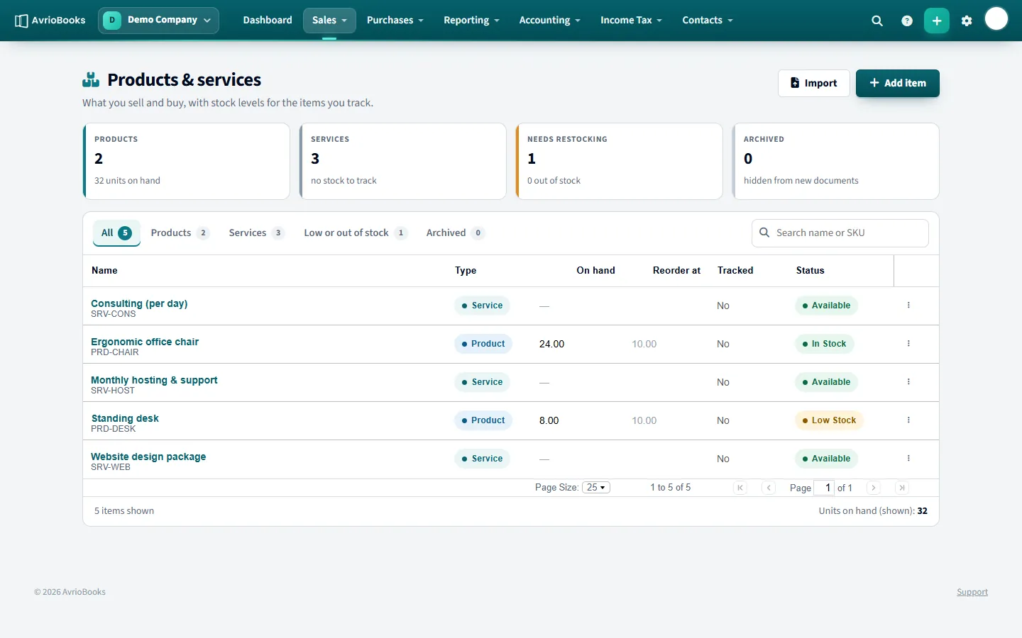 The Products & services list, with Add product and Import products buttons.