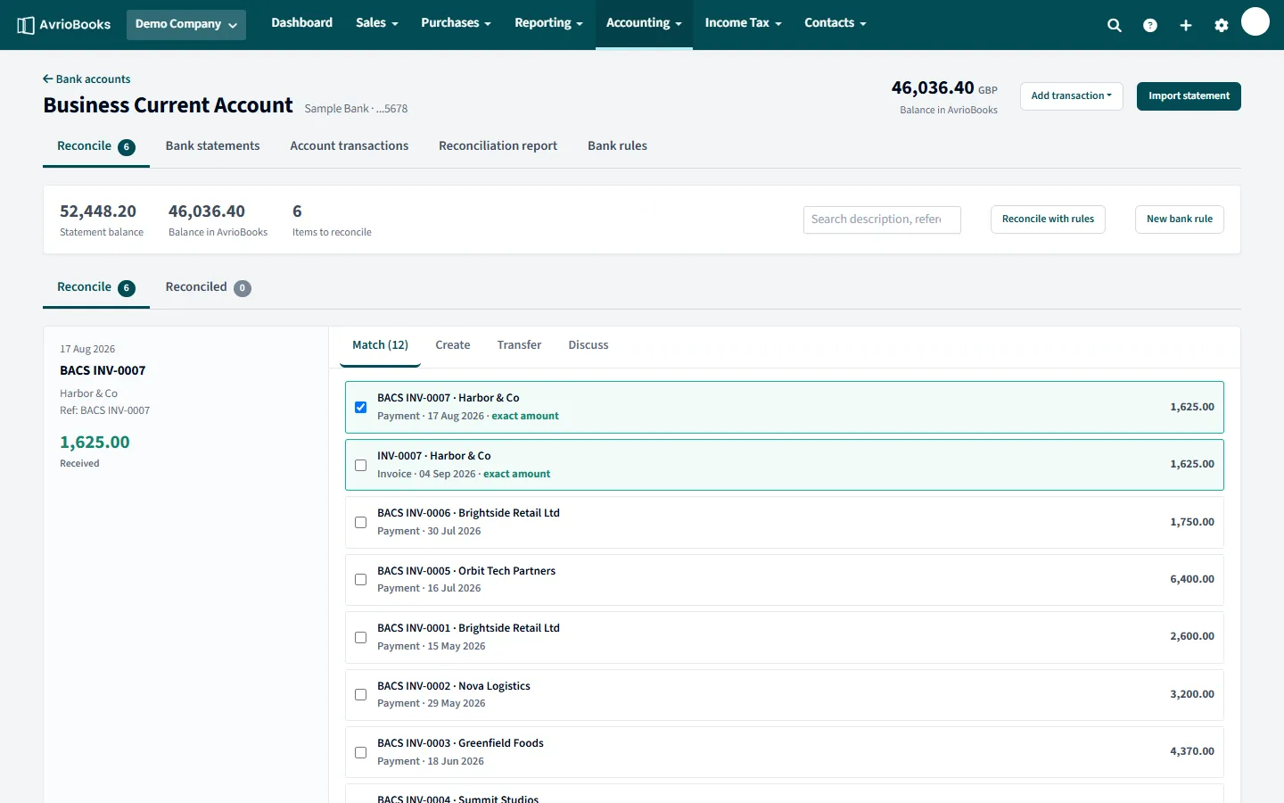 Bank reconciliation with suggested matches